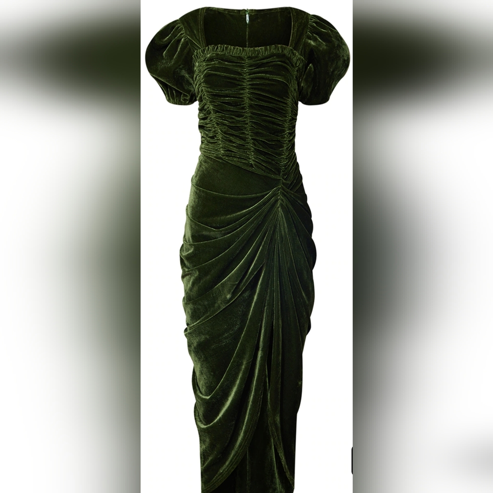 PLT Olive Deep Green Ruched Bodice Puff Sleeve Velvet Midi Dress US 4 💚💚💚 - Picture 5 of 5